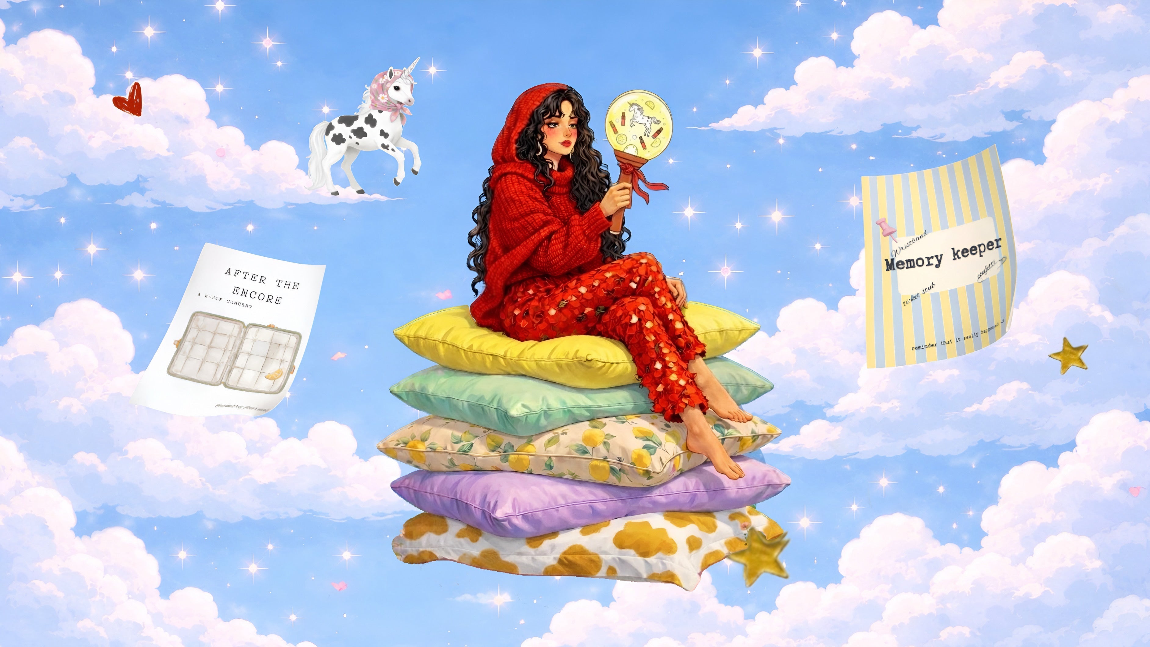 Dreamy illustration of a K-pop fan sitting on stacked pillows in the sky holding a light stick, surrounded by floating memory journal pages and clouds, representing the nostalgic journey of K-pop concert memories