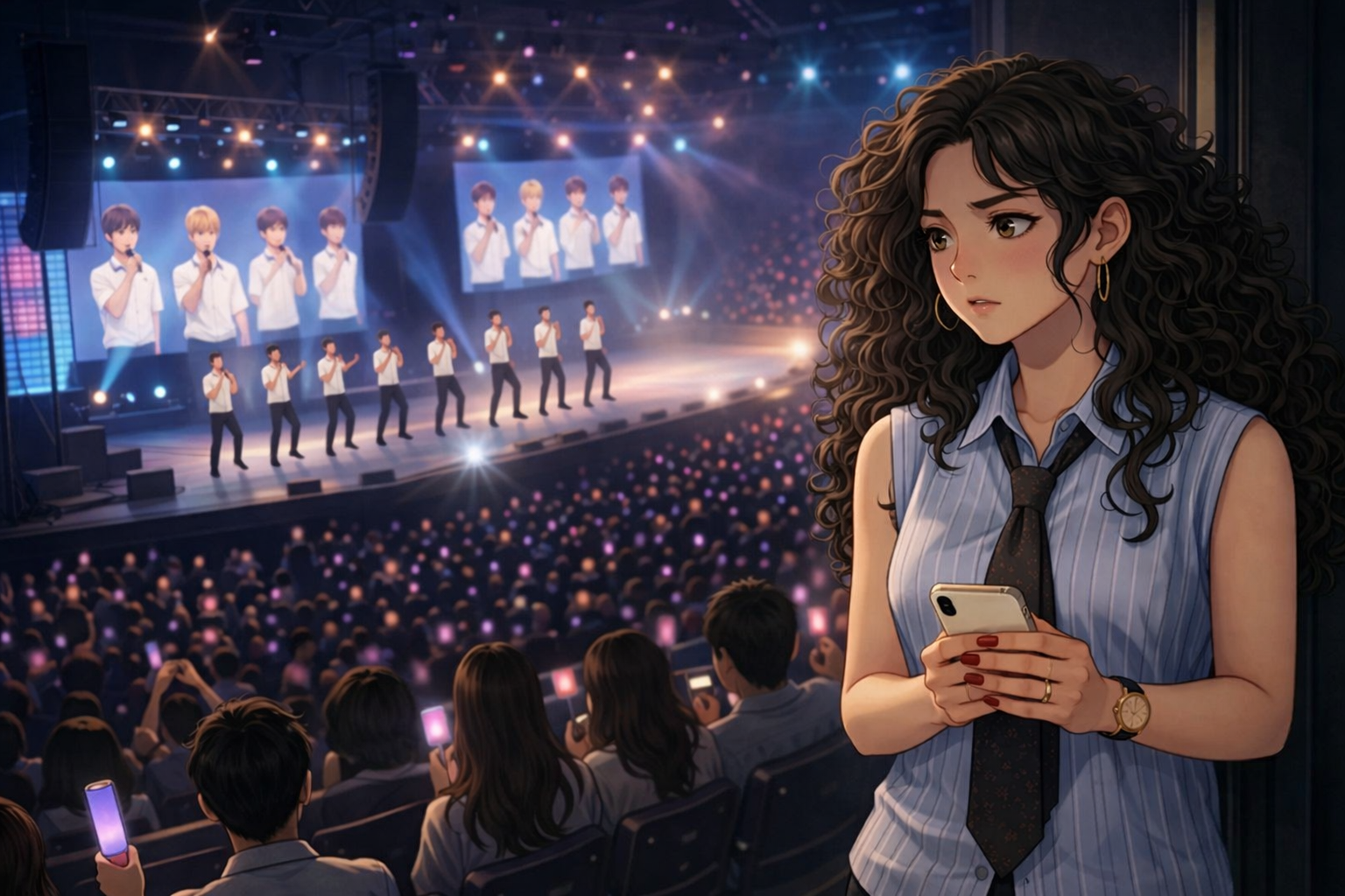 A girl standing slightly apart at a K-pop concert, watching the crowd with a hesitant expression, capturing feelings of exclusion and quiet longing.
